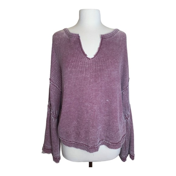 We The Free FP Dahlia Bell Sleeve Waffle Knit Top Purple Small Long Sleeve - Picture 2 of 12